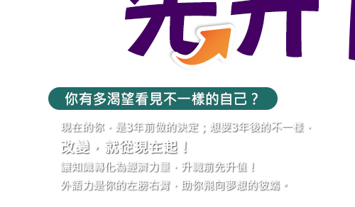 你有多渴望看見不一樣的自己？現在的你，是3年前做的決定；想要3年後的不一樣，改變，就從現在起！讓知識轉化為經濟力量，升職前先升值！外語力是你的左膀右臂，助你飛向夢想的彼端。